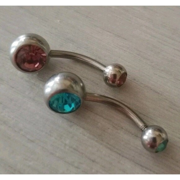 Lot of 2 Surgical Steel Silver Blue & Amber Crystal Belly Ring 16 Gauge Boho - Picture 3 of 3